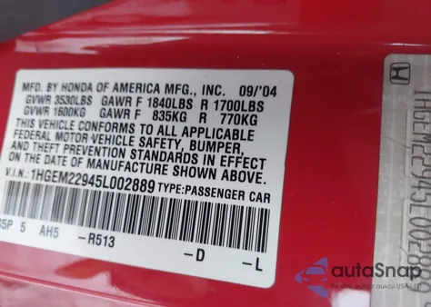 2005 Honda Civic Ex z USA, uszkodzony, nr VIN 1HGEM22945L002889